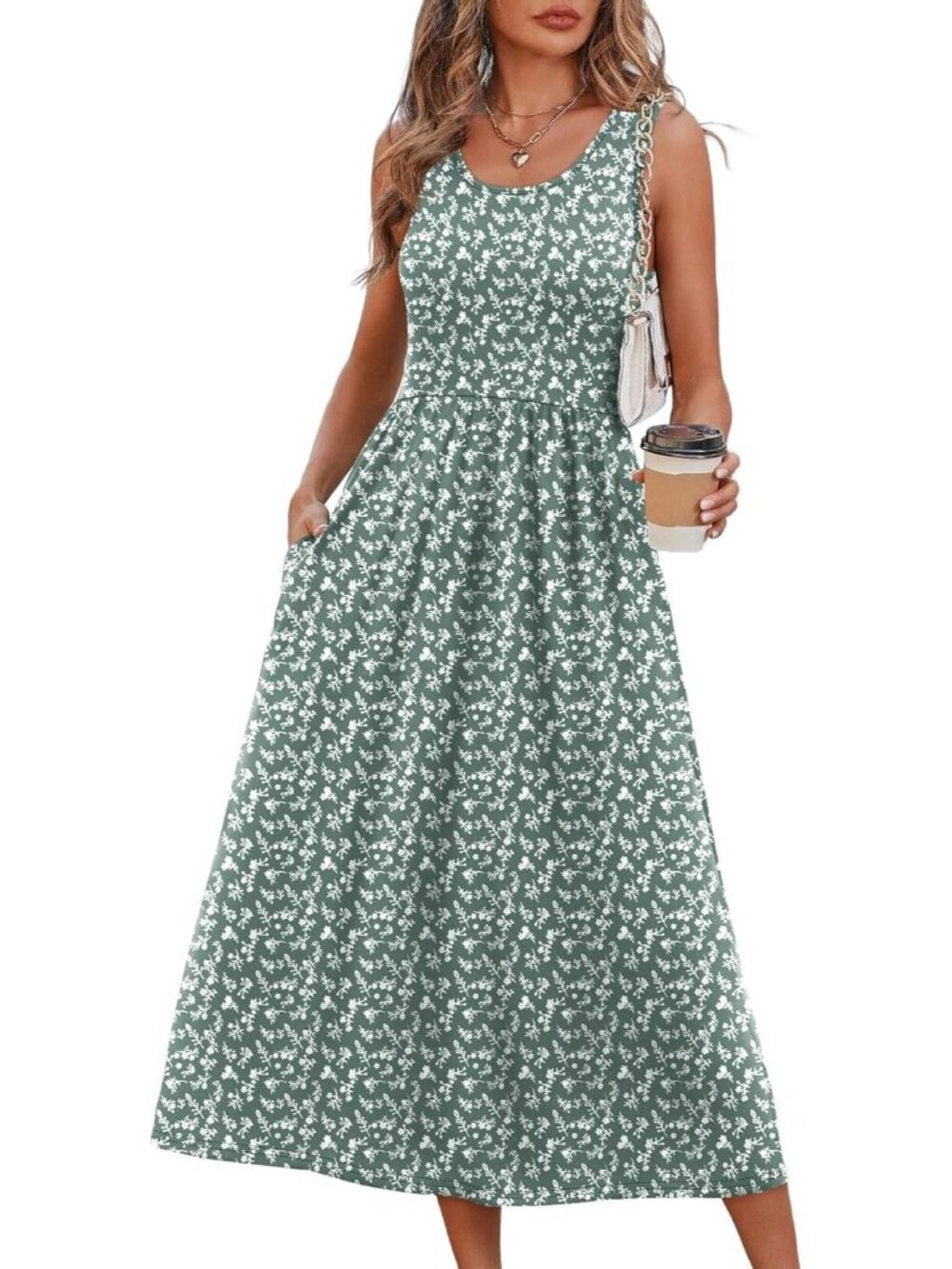 Women's Midi Dresses Green White Print Scoop Neck Sleeveless Summer Casual Soft